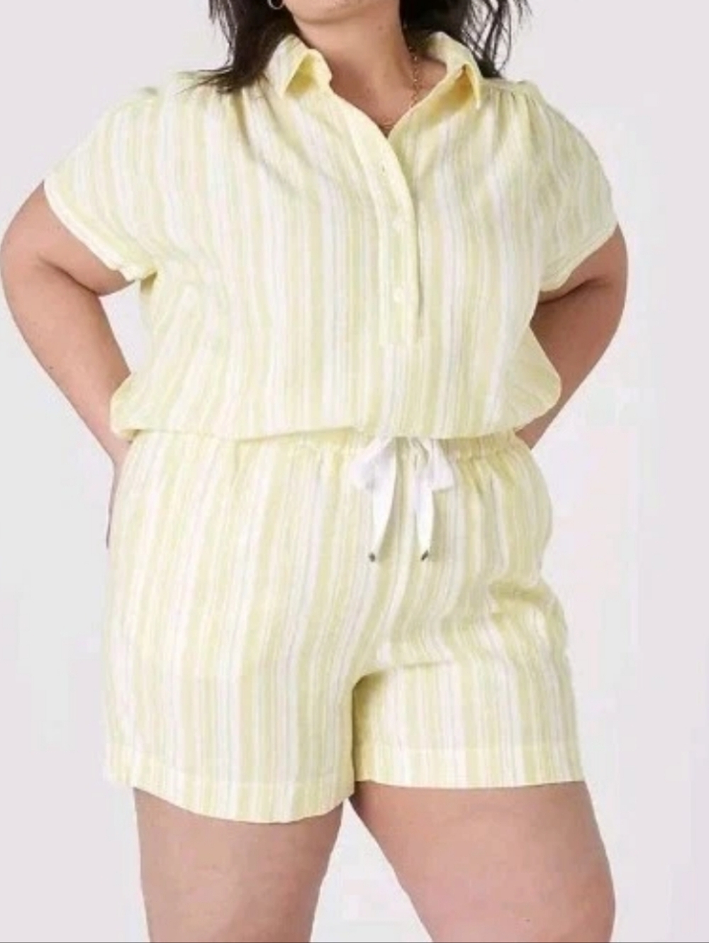Lane Bryant Soft Slub Linen Paperbag Shorts Sz 14/16 Yellow Nautical Striped Nwt